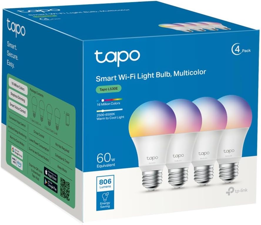 TP-Link Tapo - pack 4 bombillas Wi-Fi multicolor compatibles con Alexa